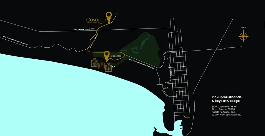 Map showing the Casago check-in office on Blvd. Costa Diamante, about 3.2 km from Las Palomas and the Rubi Tower