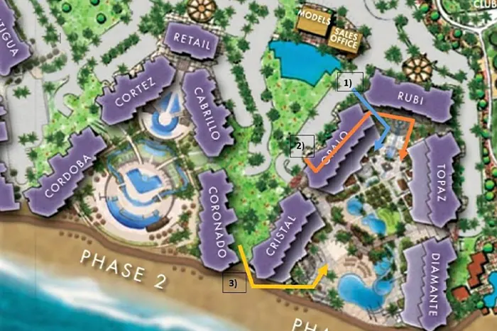 Las Palomas resort map showing the Rubi Tower location