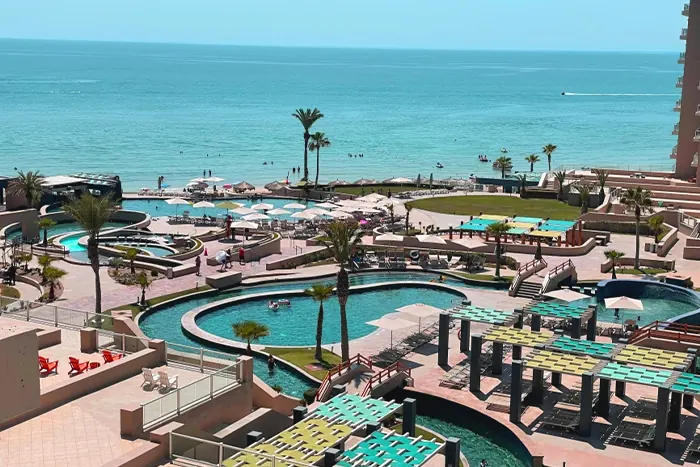 View of the Las Palomas pools and Sea of Cortez from the balcony
